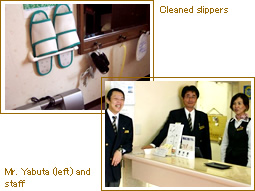 Cleaned slippers |Mr. Yabuta (left) and staff